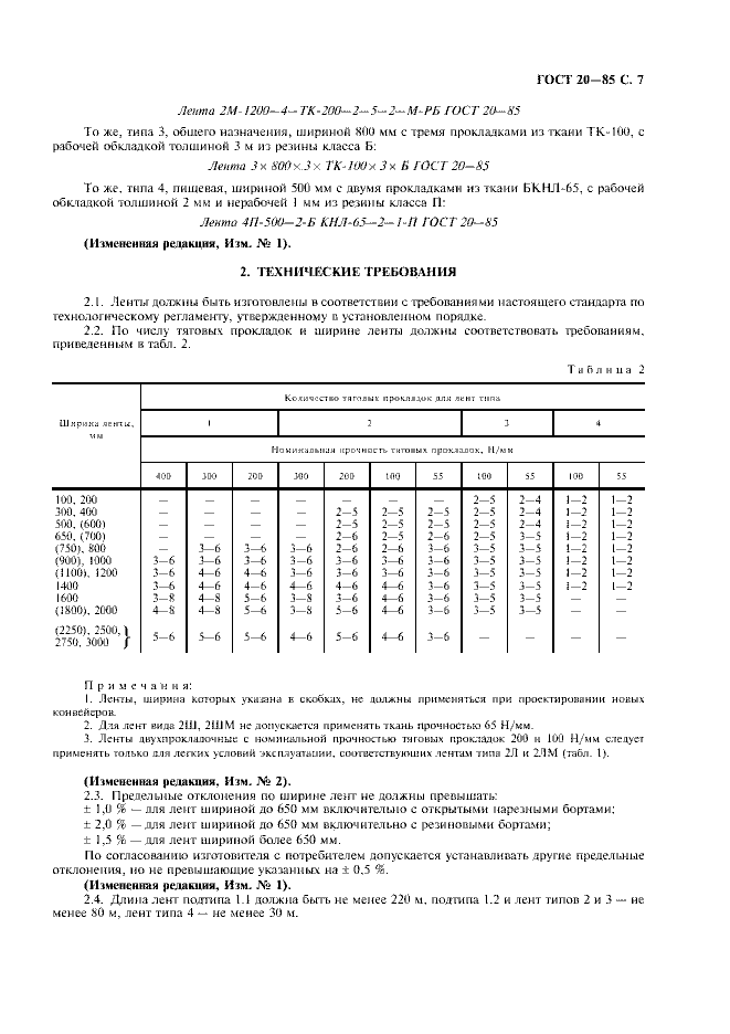 ГОСТ 20-85 «Ленты конвейерные резинотканевые» 7 стр 